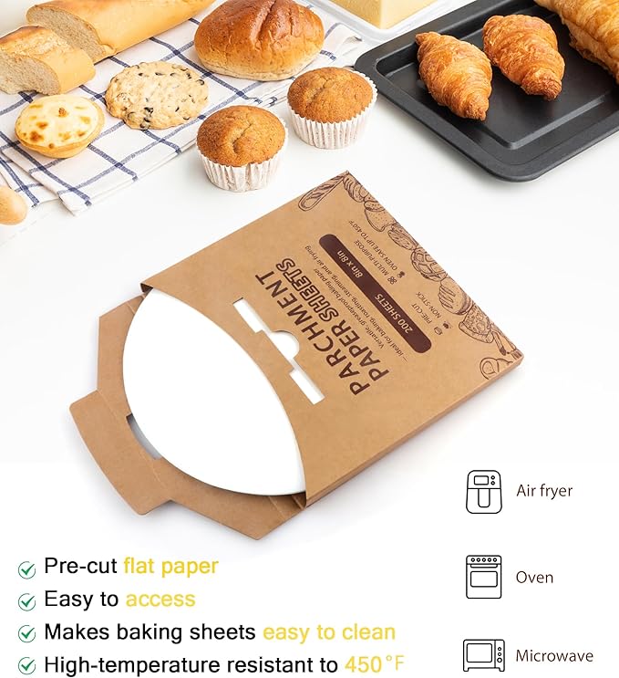 200Pcs Parchment Paper Rounds, 12 Inch Baking Parchment Circles, Precut Baking Sheets Round, Burger Patty Paper Liners for Tortilla Press, Cake Pan, Air Fryer, Springform Pan, Pizza Pan, Cake Cookie