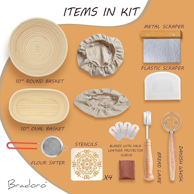 Banneton Bread Proofing Basket Set, 10 Inch Oval & 10 Inch Round Whicker Bread Proofing Baskets with Sourdough Bread Baking Supplies, Bread Making Kit Decorators Edition
