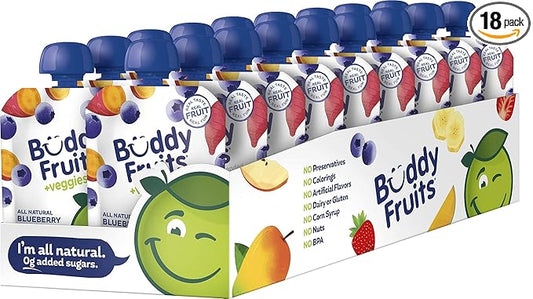 Buddy Fruits & Veggies Snacks To Go Blueberry Sweet Potato Unsweetened Applesauce 3.2oz (18pk) Gluten-Nut-Dairy-Preservative-BPA Free, Non GMO, Kosher