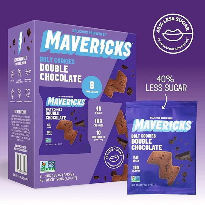 Mavericks Double Chocolate Bolt Cookies - Healthy Chocolate Chip Cookies, Plant-Based Snack for Kids, Nut Free, 40% Less Sugar - 2 Boxes (16 Pouches)