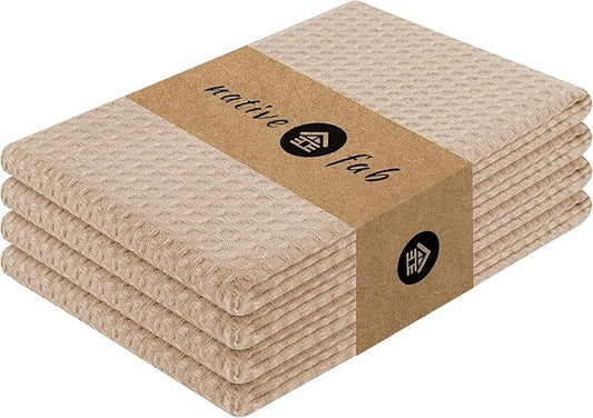 Native Fab Cotton Kitchen Towel with Hanging Loop 16x26 inches, 4-Pack, Waffle Weave Kitchen Towels for Cleaning Drying, Washcloths Soft & Absorbent Cloth Rags, Bar Towel, Dish Cloth, Beige