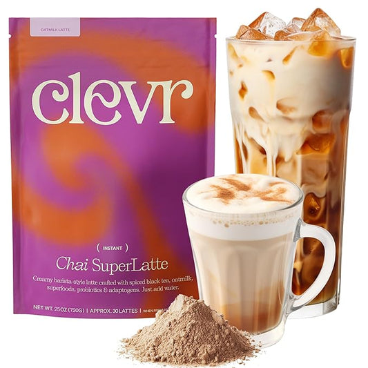 Clevr Blends Chai Tea Latte, Instant Superfood Powder Blend with Oat Milk, Lions Mane, Reishi Mushroom, Black Tea, Organic Spices, Coconut Cream, Ashwagandha, Oprah???Favorite Things 2022, (30 Lattes)