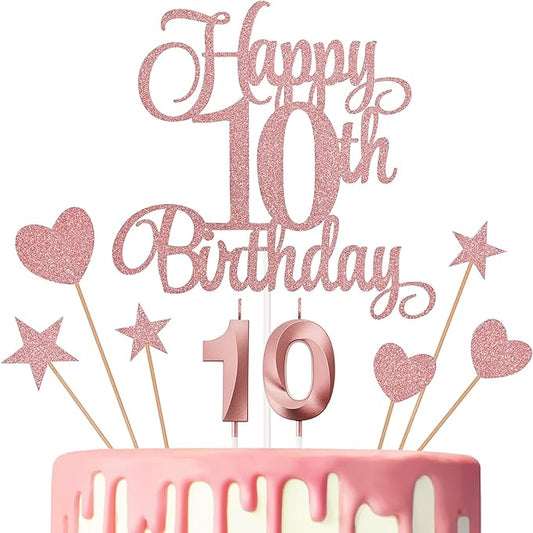 10th Birthday Cake Decorations, 10th Birthday Candles Cake Numeral Candles and Glitter Happy 10th Birthday Cake Toppers Set for Birthday Party Supplies (Rose Gold)