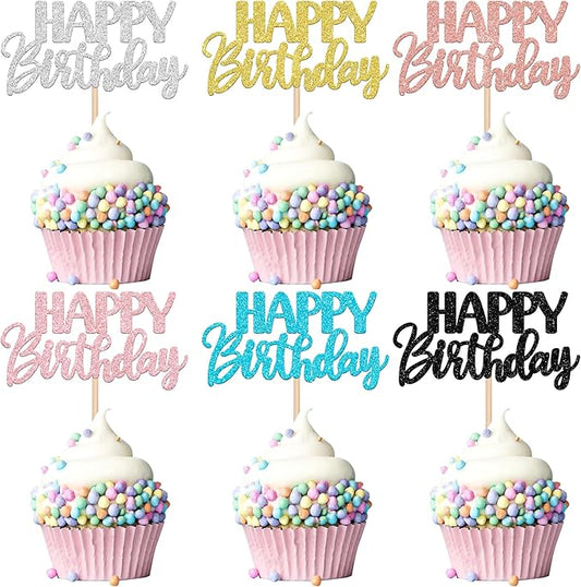 30 PCS Happy Birthday Cupcake Toppers Glitter Happy Birthday Cupcake Picks for Celebrating Birthday Anniversary Theme Party Cake Decorations Supplies Mixed 6 Colors