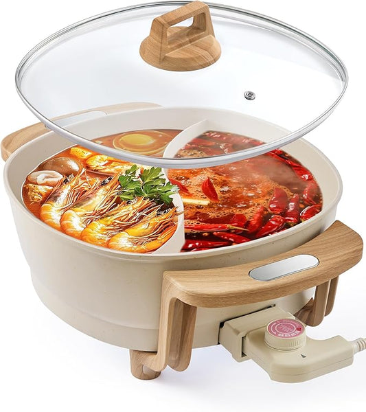 Hot Pot Electric Hot Pot with Divider, Large 6L Nonstick Dual-Sided Shabu Shabu Pot Dual-Flavor hotpot electric 1500W with Adjustable 5-Temperature Control 竊똏erfect for Family Dinners & Parties