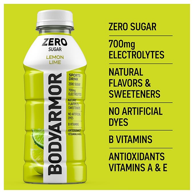 BODYARMOR ZERO Sugar Lemon Lime, Sugar Free Sports Drink - Low-Calorie Hydration - Natural Flavors with Potassium Packed Electrolytes, Antioxidants, and B-vitamins, 16 fl oz (pack of 12)