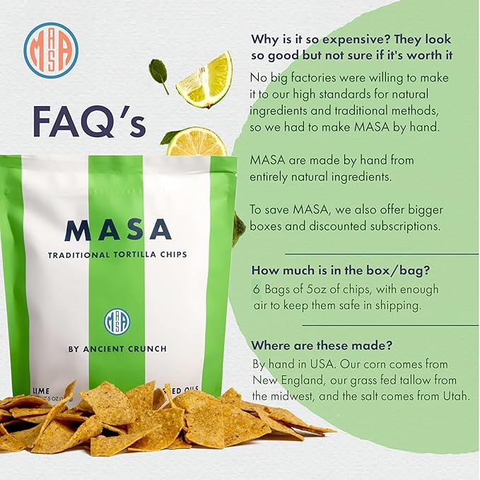 MASA Chips - Lime Flavored Tortilla Chips, Handmade Corn Chips & Crisps - Naturally Grown White Corn, Made with Grass Fed Tallow & Sea Salt - 2 Pack, 5 Ounce Each
