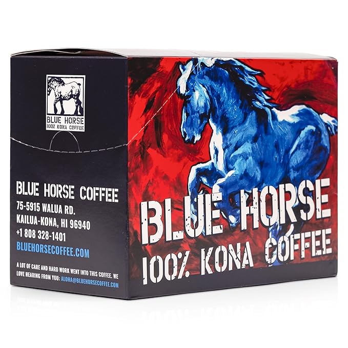 Blue Horse 100% Kona Coffee Pods, Medium Roast, 20ct Single Serve, Compatible with K Cups 2.0, Farm Fresh, Authentic Arabica Beans from Hawaii’s Big Island for a Smooth, Rich Flavor