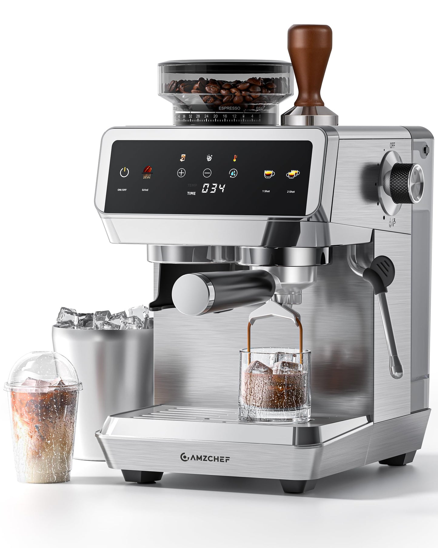 AMZCHEF Espresso Machine With Grinder, Temp Control, 44 Grind Settings