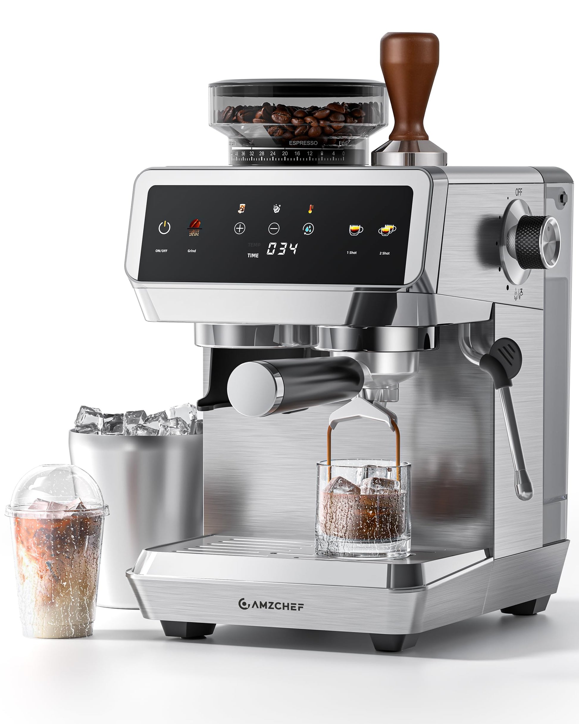 AMZCHEF Espresso Machine With Grinder, Temp Control, 44 Grind Settings
