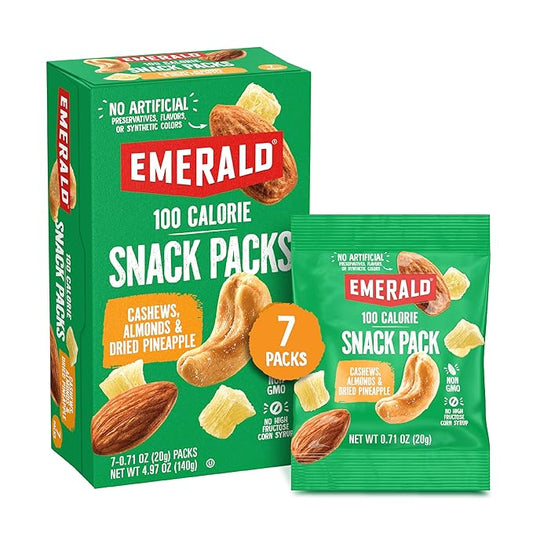 Emerald Nuts Cashews and Almonds with Dried Pineapple 7 Ct (1-Pack), 100-Calorie Individual Packs of Mixed Nut Blend and Dried Fruit