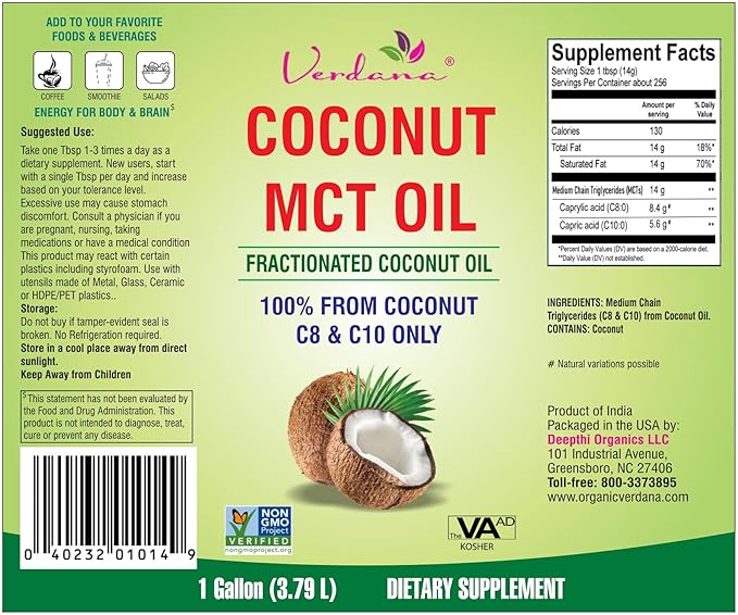 Verdana MCT Oil, Fractionated, 100% from Coconut - 1 Gallon - Kosher Food Grade, Vegan, Non-GMO - Great for Keto and Paleo Diet (128 Fl Oz)