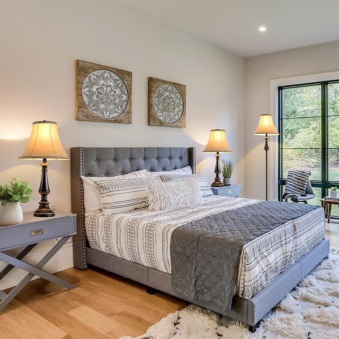 3-Piece Lamp Set (Table & Floor), Black Finish Vintage Brown Fabric Shades for Bedroom