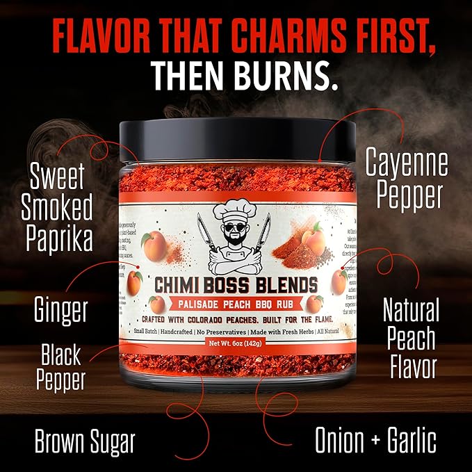 Chimi Boss Blends Palisade Peach BBQ Seasoning, 6oz ??Sweet & Smoky Peach Dry Rub for Grilling, Smoking & BBQ ??Gourmet Small-Batch Spice Blend for Chicken, Pork, Ribs & Vegetables - Made in USA