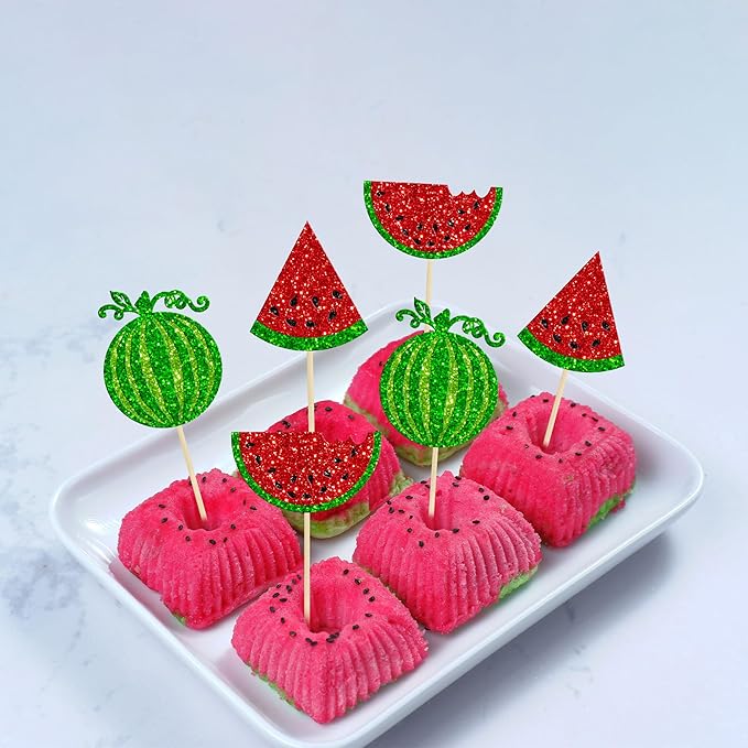 24Pcs Watermelon Cupcake Toppers One in a Melon Cupcake Picks Watermelon Fruit Cake Topper decorations for Baby Girl Birthday Party Cake Decorations Supplies