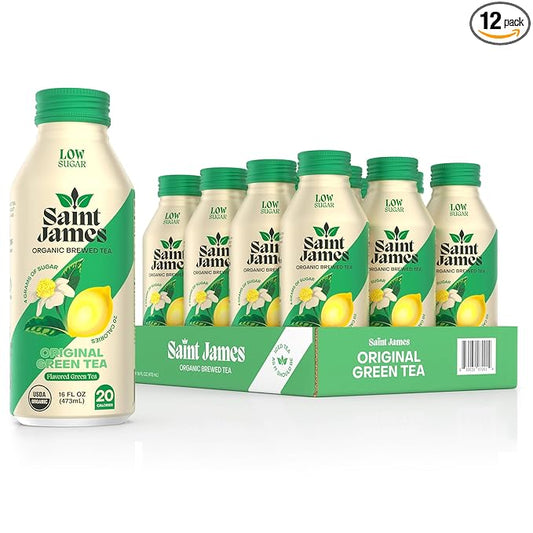 Saint James Iced Tea - Organic Green Tea - Non GMO, Gluten Free, Low Calorie & Low Sugar - Original Green Tea, 12 Pack (16 fl oz each)
