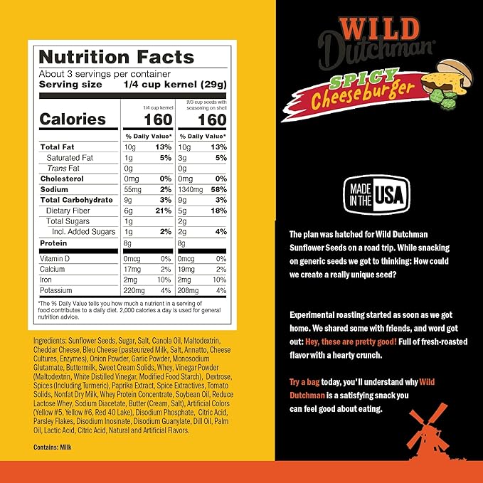 Wild Dutchman, Roasted Sunflower Seeds, Mouth Friendly Recipe for All Day Snacking, Spicy Cheeseburger, 5.5 oz (Pack of 12)