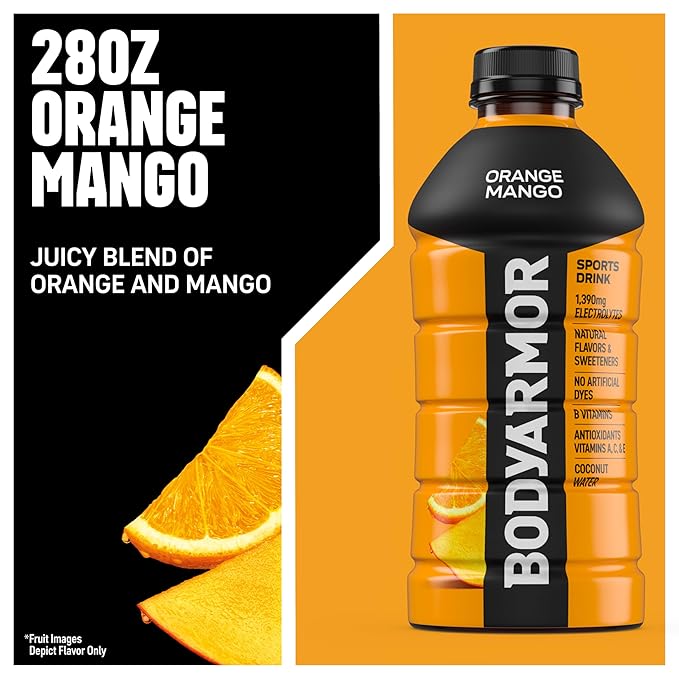 BODYARMOR Sports Drink Sports Beverage, Orange Mango, Coconut Water Hydration, Natural Flavors With Vitamins, Potassium-Packed Electrolytes, Perfect For Athletes, 28 Fl Oz (Pack of 15)
