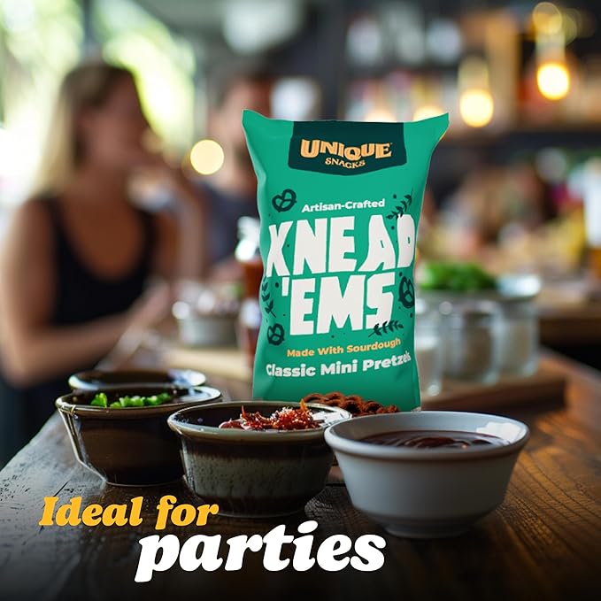 Unique Snacks Knead 'Ems, Sourdough Mini Pretzels, Artisan-Crafted Vegan Snacks, Non-GMO, Kosher Chips, 11 oz. Snack Bags, Pack of 12