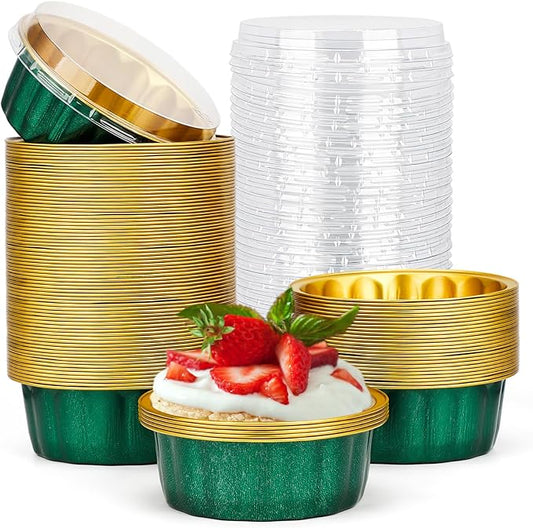 Beasea Aluminum Disposable Ramekins with Lids, 8oz 100 Pack Jade Green, Aluminum Foil Cups for Baking, Wedding, Everyday Use