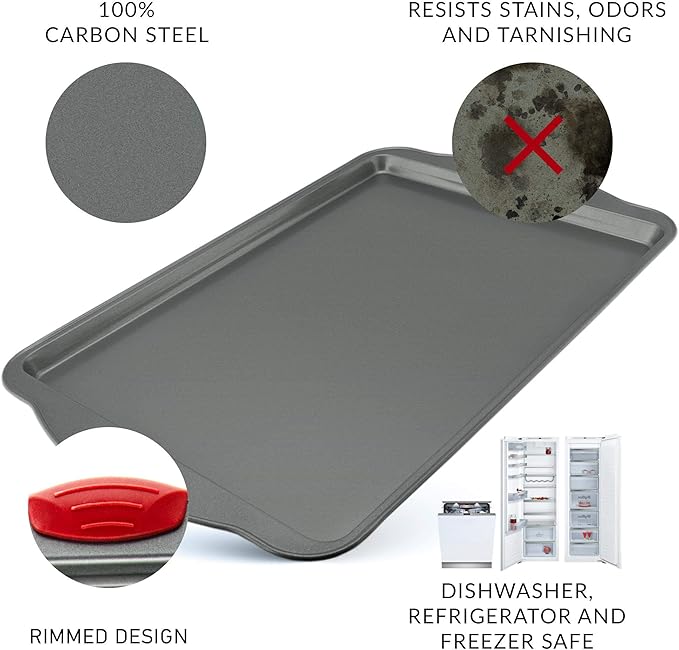 Boxiki Kitchen Non-Stick Baking & Cookie Sheet Pan Non-Toxic 11x14 Inch Rimmed Carbon Steel Baking Sheet. Dent, Warp and Rust Resistant. Heavy Gauge Steel Oven Baking Sheet. 1 Tray.