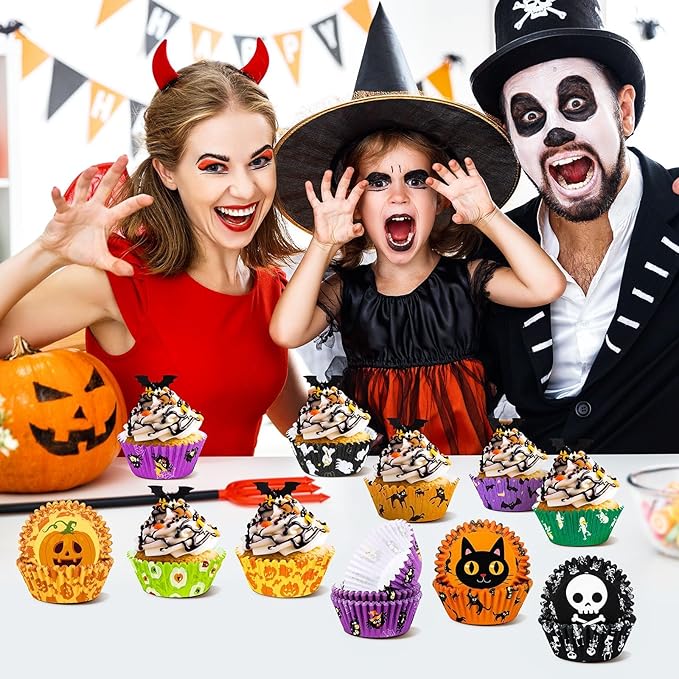 SANNIX 450pcs Halloween Cupcake Liners, Ghost Pumpkin Spider Baking Cups Cupcake Wrappers Paper Wraps Muffin Liners for Halloween Party Candy Cupcake Decorations Supplies(9 Designs)