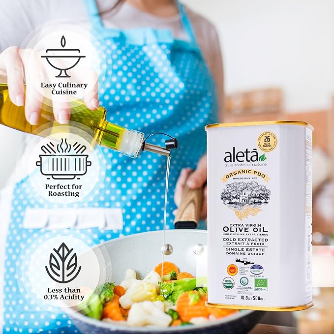 Aleta Farms Olive Oil Extra Virgin, USDA Organic, Single Estate PDO Polyphenol Rich Olive Oil, Cold Pressed, Global Gold Awards, EVOO, Kosher. 16.9 Fl Oz (Pack of 1)