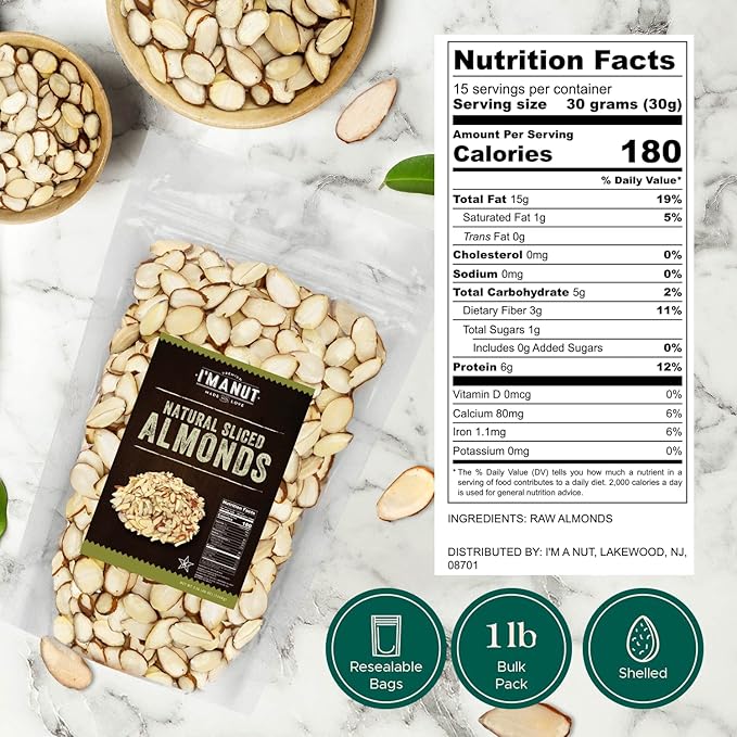 Premium Raw Unsalted Sliced Almonds 16oz (1 lb) | Superior Gourmet Quality | Batch Tested Gluten & Peanut Free | Non-GMO | No PPO | Unblanched for Maximum Nutrition & Flavor