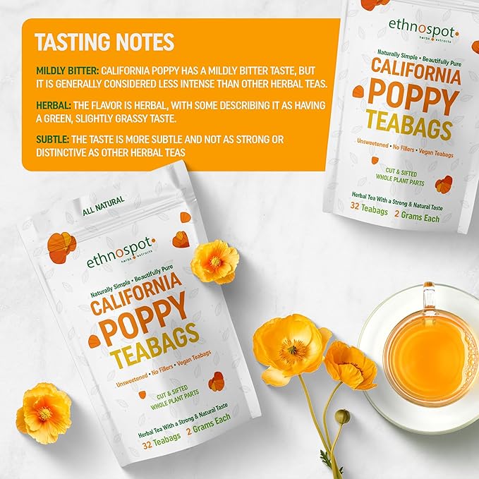 Pure California Poppy Tea - Natural California Poppy for Relaxation, Premium California Poppy Extract 100% Natural Herbal Tea Stress Relief & Calming Nervous System - 2 Gram Teabags - 32 Vegan Teabags