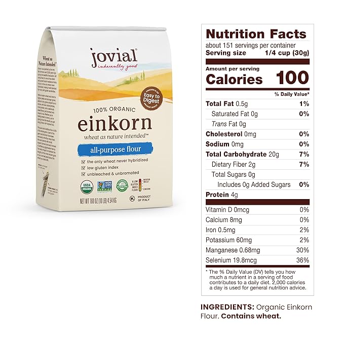 Jovial Organic Einkorn Unbleached All Purpose Flour - Bread Baking Flour for Sourdough, High Protein, Non-GMO, Organic Pizza & Pasta Flour, European Italian Flour, Glyphosate Free - 32 Oz, 5 Pack