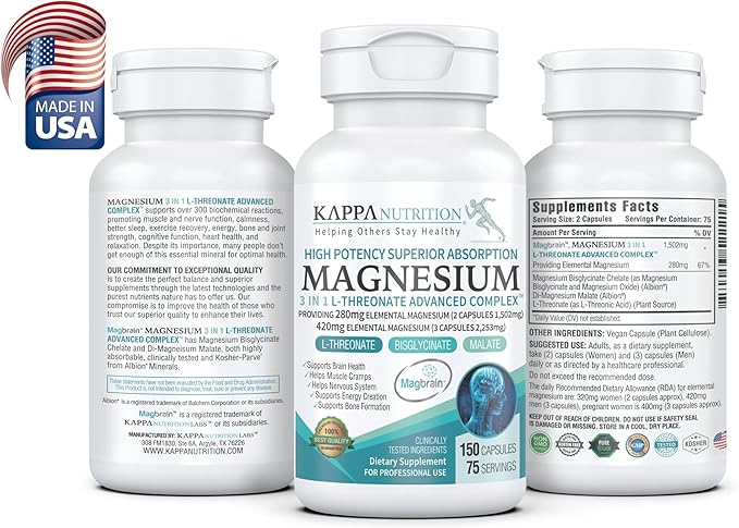 Kappa Nutrition Magbrain??Magnesium L-Threonate Plant-Based, 420mg Elemental Magnesium (3 Capsules) from 2,253mg, 150 Vegan Capsules, Brain, Sleep & Muscle Support.