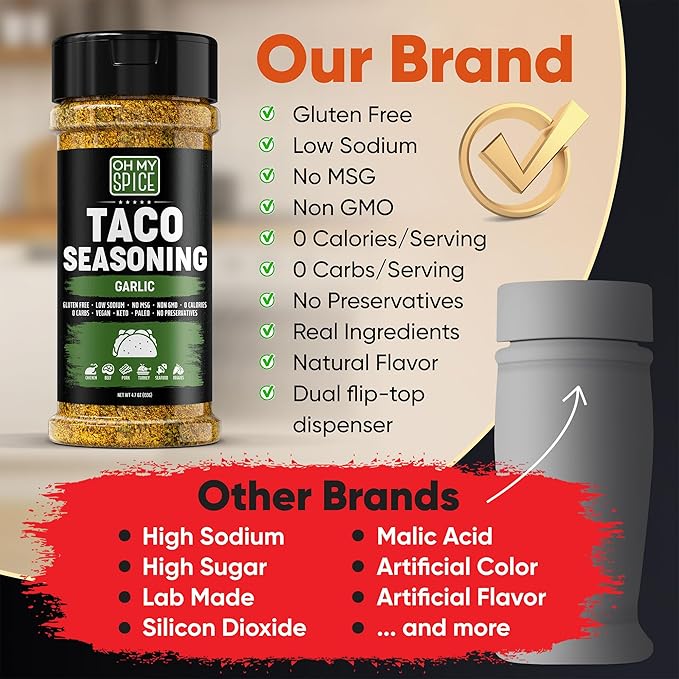 Taco Seasoning Mix Garlic Powder - Gluten Free & Low Sodium Mexican Seasoning Blend for Taco Tuesday Night. Garlic and Herb Seasonings for Fajita & Burrito. Meat, Chicken & Fish Tacos Toppings. 4.7oz
