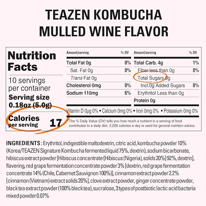 TEAZEN Mulled Wine Kombucha Tea, Spice Tea, Live Probiotics & Postbiotics, Relaxation and Warmth for Colds and Sore Throat, Electrolyte & Hydration Drink Mix, Sugar Free, 10 Sticks, 1.76oz