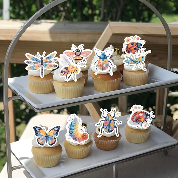 60 Pack Edible Green Caterpillar Cupcake Topper Wafer Paper Nature Insect Hungry Caterpillar Dragonfly Cupcake Picks Happy Birthday Anniversary Wedding Cake Decorations Party Color 1