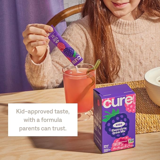 Cure Hydration - Kids Electrolyte Drink Mix | Plant-Based Pediatrician Formulated Rehydration | No Added Sugar, FSA-HSA, Non-GMO, Gluten-Free, No Artificial Flavors | Box of 6 Packets - Mixed Berry