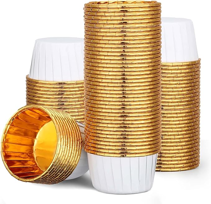 EUSOAR Baking Cups, 100pcs 3.5oz Aluminum Foil Ramekins Paper Cupcake Containers, Disposable Wrappers Mini Cheesecakes Cups Holder Muffin Cupcake Liners for Birthday Wedding Party-White/Gold