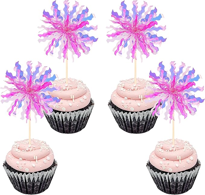 30 PCS Foil Firework Cupcake Toppers Sparkle Tinsel Cupcake Picks Happy Birthday Cake Decorations Drink Stirrers Cocktail Food Fruit Toothpicks for Baby Shower Graduation Party Supplies Rose Red
