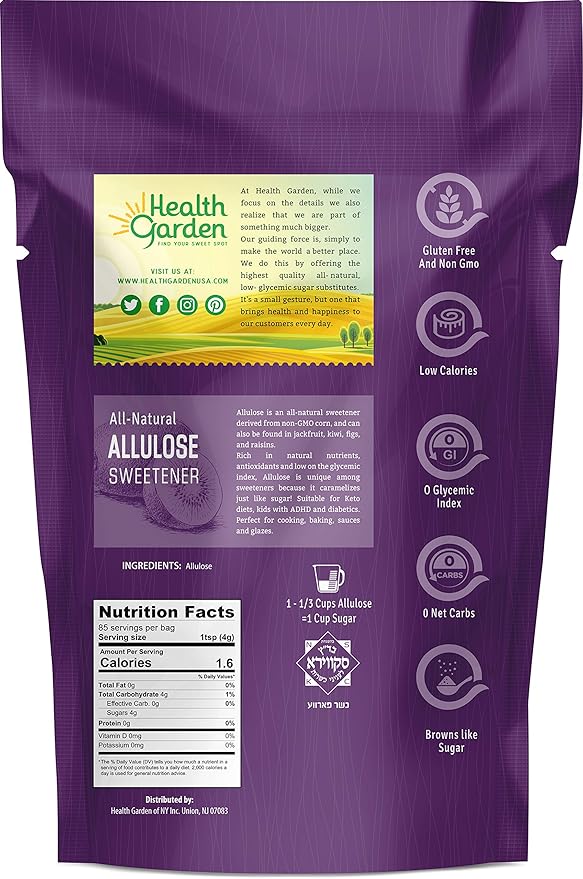 Health Garden Allulose Sweetener - Gluten and Sugar Free - Zero Net Carb - Non GMO - Kosher - Keto Friendly (12 OZ)