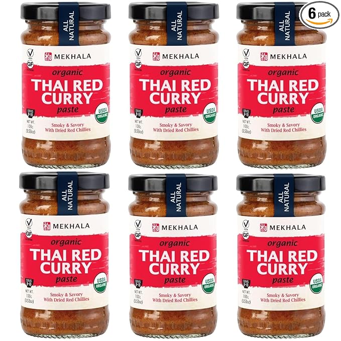 Mekhala Organic Thai Red Curry Paste. VEGAN. GLUTEN-FREE. NO ADDED SUGAR. Versatile. HOT (6x3.53oz)