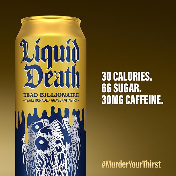 Liquid Death, Dead Billionaire Iced Tea, 8-Pack (19.2oz Cans), Half Lemonade Half Black Tea, Low Calorie, No Artificial Sweeteners, B12 & B6 Vitamins