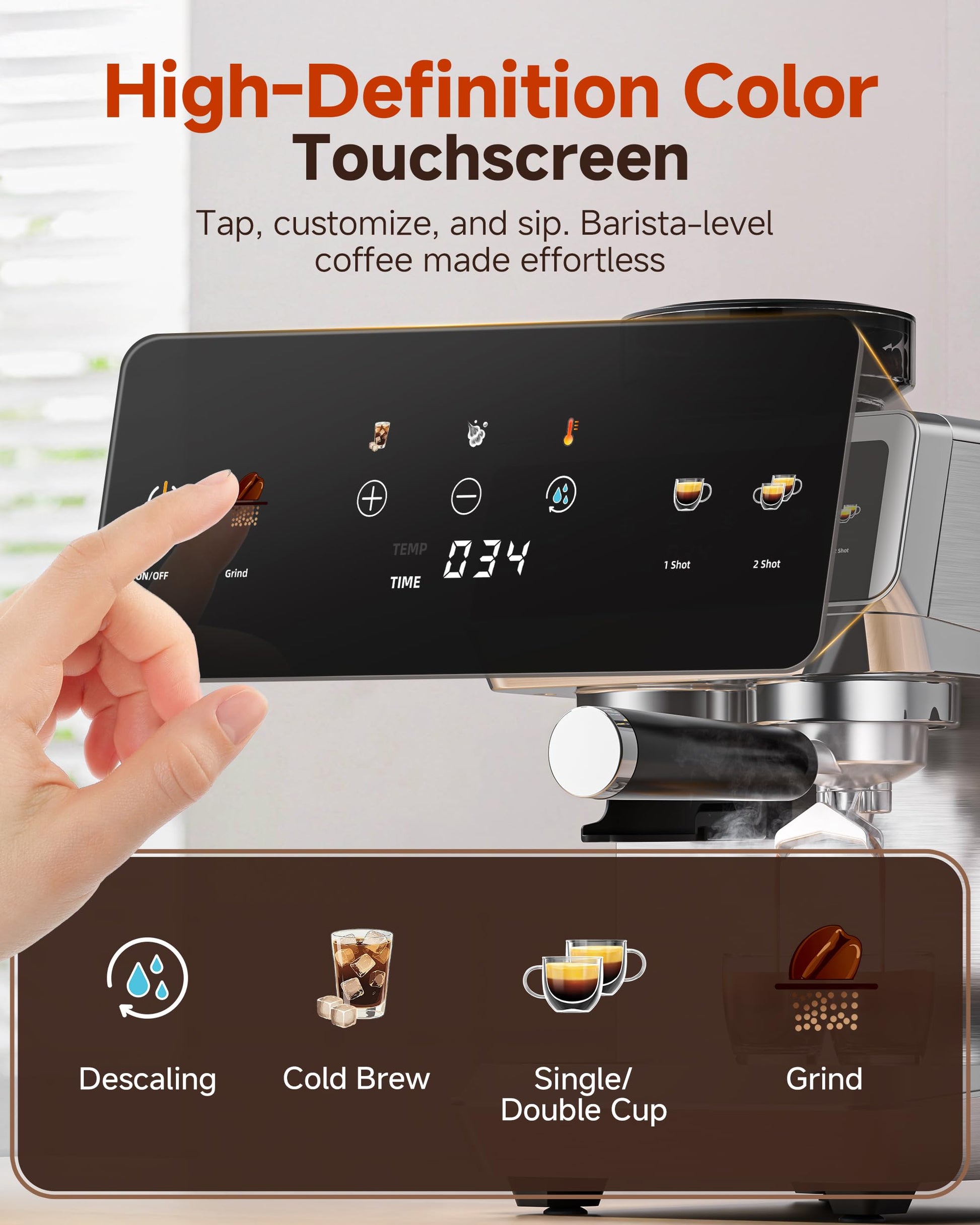 AMZCHEF Espresso Machine With Grinder, Temp Control, 44 Grind Settings