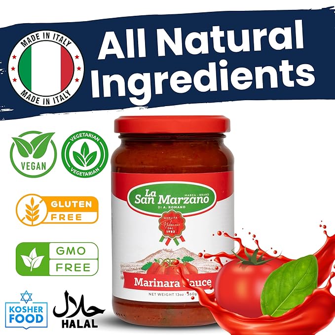 La San Marzano Marinara Sauce, 13 oz, Pasta Sauce Made in Italy, All Purpose Tomato Premium Quality, All Natural, Mediterranean Diet, Non GMO, Vegan, Gluten Free