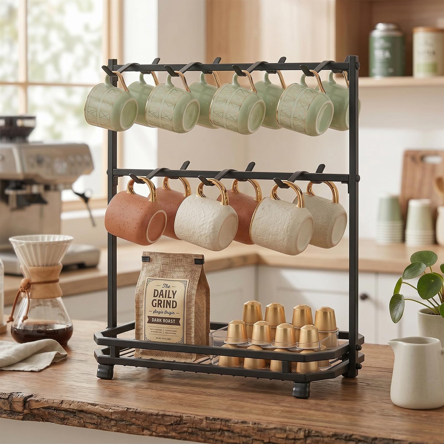 Coffee Mug Holder for Countertop, 14 Hooks Metal Coffee Cup Holder Rack