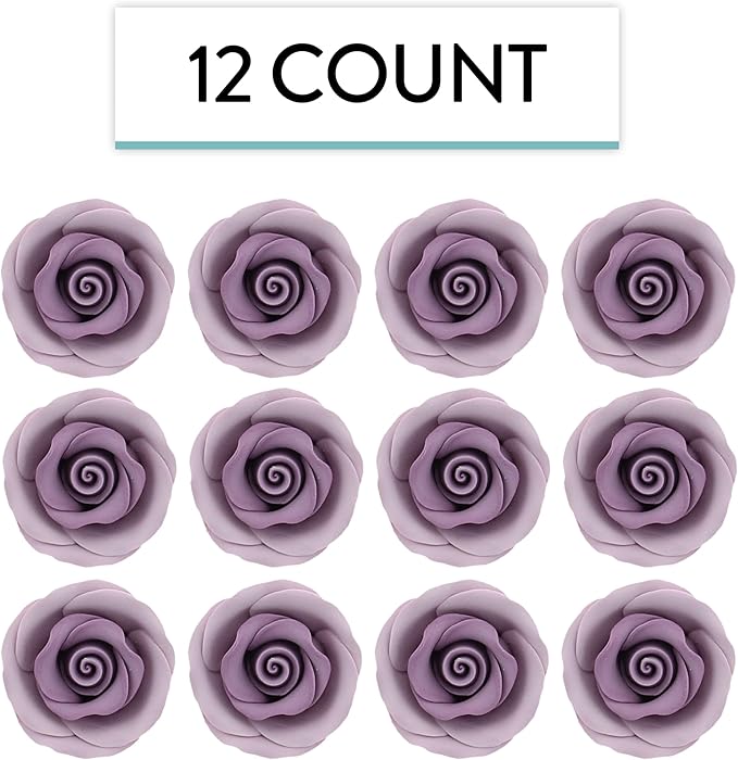 Global Sugar Art Premium Edible Roses, Lavender, Unwired, Medium 1.5 inches, 12 Count by Chef Alan Tetreault