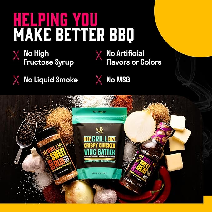 Hey Grill Hey | Chicken Wing Seasoning & Sauce Kit | All-in-one Crispy Batter, BBQ Rub, and Sweet Heat BBQ Sauce | Wing Night: Smoked & Fried Wing Kit