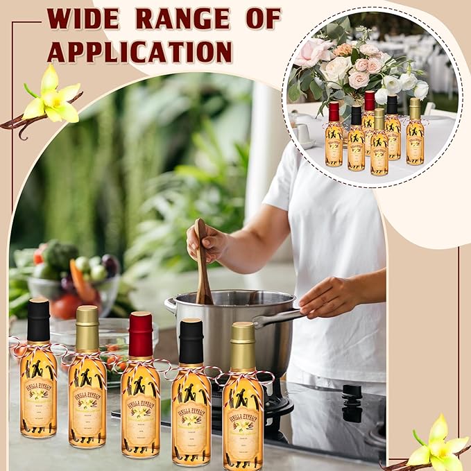 Tioncy 16 Pcs Vanilla Extract Bottles for Homemade Vanilla Jar Glass Bottle with Cap, Shrink Band, Sticker Syrup Gift Food Storage Canister for Bean Sauce Spice (Black, Red, Gold,5 oz)