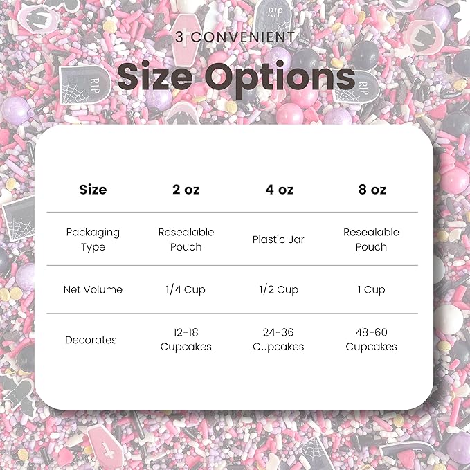 Sprinkle Pop Drop Dead Gorgeous Sprinkle Mix| Black White Purple Pink Sprinkles with ~20 Pink Caskets Bats Fangled Lips Tombstones Wafer Paper| Halloween Sprinkles Made in USA For Cakes Cupcakes,4oz