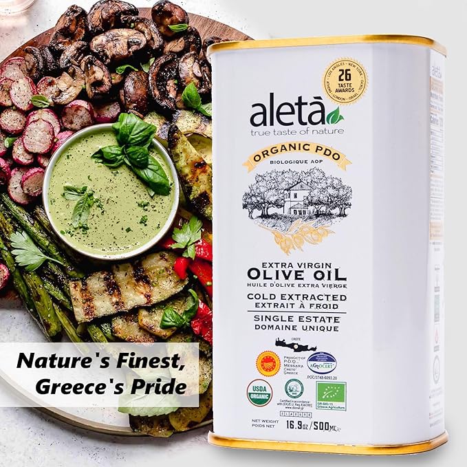 Aleta Farms Olive Oil Extra Virgin, USDA Organic, Single Estate PDO Polyphenol Rich Olive Oil, Cold Pressed, Global Gold Awards, EVOO, Kosher. 16.9 Fl Oz (Pack of 2)
