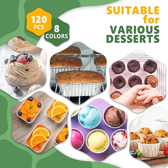 120 Pcs Aluminum Foil Baking Cups Mini Cake Pans with Lids 5 oz Cupcake Liners Disposable Muffin Tins Wrappers Baking Foil Ramekins Pans Aluminum Cupcake Cups for Birthday Party(Multicolor)