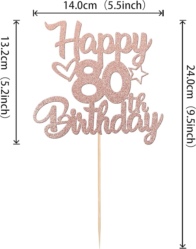1 Pack Happy 80th Birthday Cake Topper Glitter Heart Star 80 Fabulous Cake Pick Birthday Sign Cake Decorations for 80th Birthday Theme Party Supplies Rose Gold
